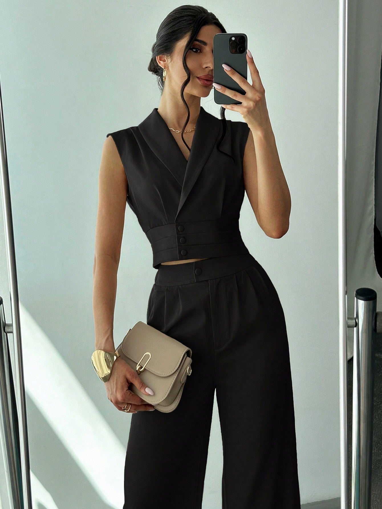 Collared Blouse Straight-Leg Pants Set